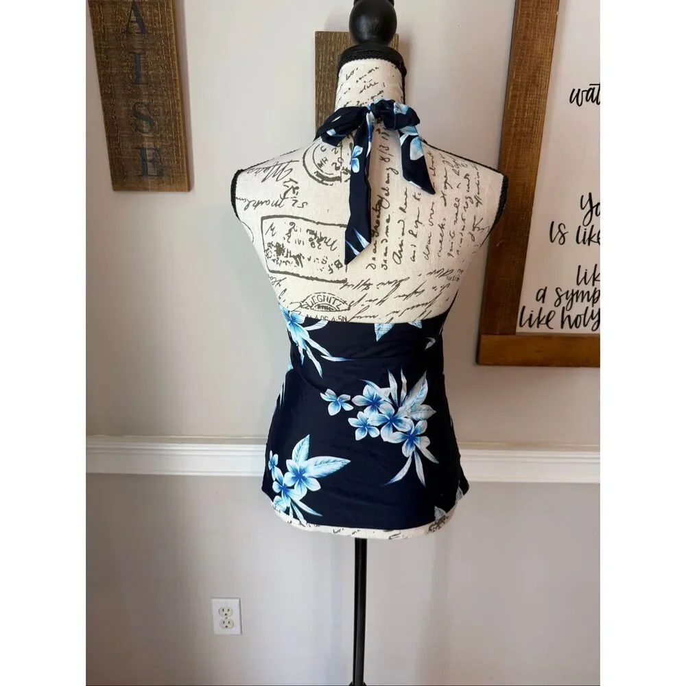 Kona Sol Women's Floral Twist Front Halter Swim Tankini Top Navy Small